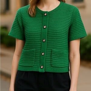 Jolie Green Short Sleeve knit with embellished buttons Cardigan